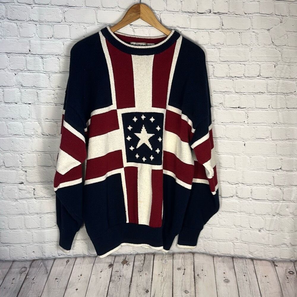 Cotton Traders Patriotic American Stars Red Blue Striped Sweater size XL